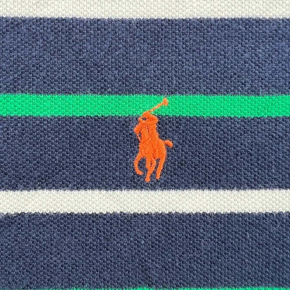 VTG Polo Ralph Lauren Mens Medium Striped Polo Shirt Navy Blue Green Orange Prep